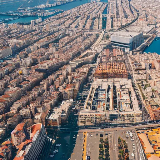 Prompt: Barcelona Spain, picture taken from helicopter, camera angle perpendicular to ground