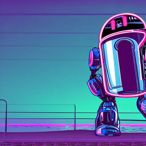 Prompt: soda cup fighting robot in synthwave style