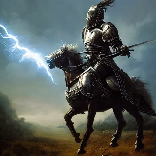 Prompt: knight mounted in a horser, wielding a greatsword of fire with electricity element, standing in frontal of a castle, castle realistic, armor lightnings elemental hyperrealism, big forest world fantasy hyperrealism, sky with lightning clouds, hyperrealism by greg rutkowski hyperrealism