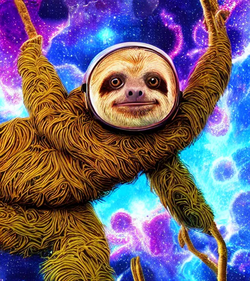 Prompt: portrait of a fantasycore glitchcore three toed sloth in a helmet. intricate abstract. intricate artwork. celestial. prismatic, by josephine wall, pixar, ghibli. octane render, CGSociety very coherent symmetrical artwork. cinematic, hyper realism, high detail, octane render, 8k, holographic accents