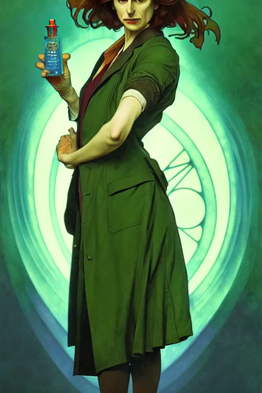 Image similar to doctor who, woman, as a mad dentist, on a plain green background, art by artgerm and greg rutkowski and alphonse mucha