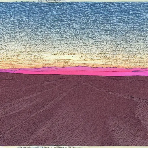 Prompt: sunset in a desert landscape, drawing by moebius