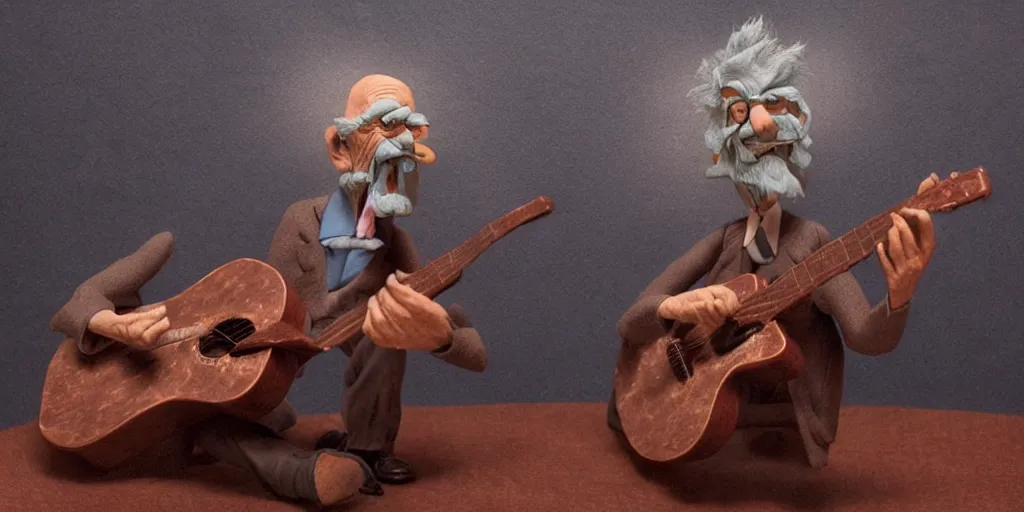 Image similar to a old man playing guitar, surrealistic detailed claymation art, moody, foggy