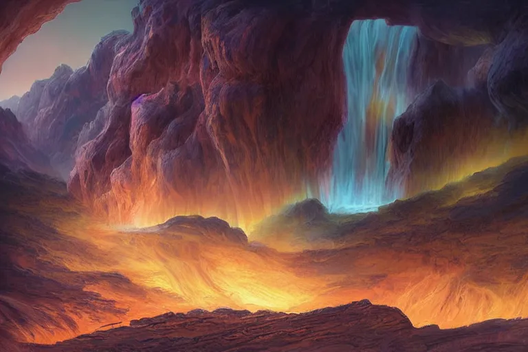 Image similar to Celestial majestic luxurios futuristic other worldly realm with Singaporean royal gold lush volcano, intense volcanic eruption, set on chic Antelope Canyon with white thermal waters flowing down pink travertine terraces, relaxing, ethereal and dreamy, thunderstorms and multiversal tornado, visually stunning, from Star Trek 2021, illustration, by WLOP and Ruan Jia and Mandy Jurgens and William-Adolphe Bouguereau, Artgerm