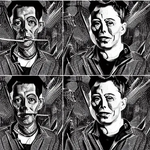 Image similar to portrait of elon musk, caricature,, mashup between mc escher and vincent van gogh