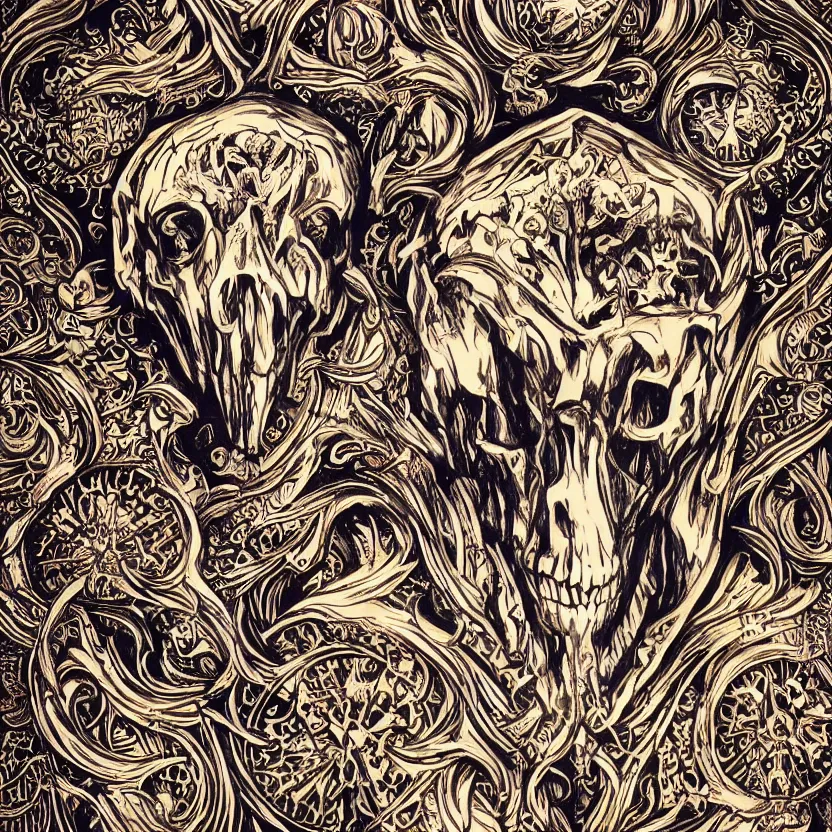 Image similar to photo of wolf skull on bones, dramatic lighting, circural, golden ornaments, symmetric, intricate skeletal decorations, symmetry, highly detailed, concept art, black, glimpse of red, white, gold layers, centered, style of nekroxiii, hyperrealistic, black background, smoke