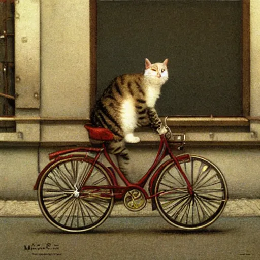 Image similar to A cat driving a bicycle, an illustration by Michael Sowa, but as photography