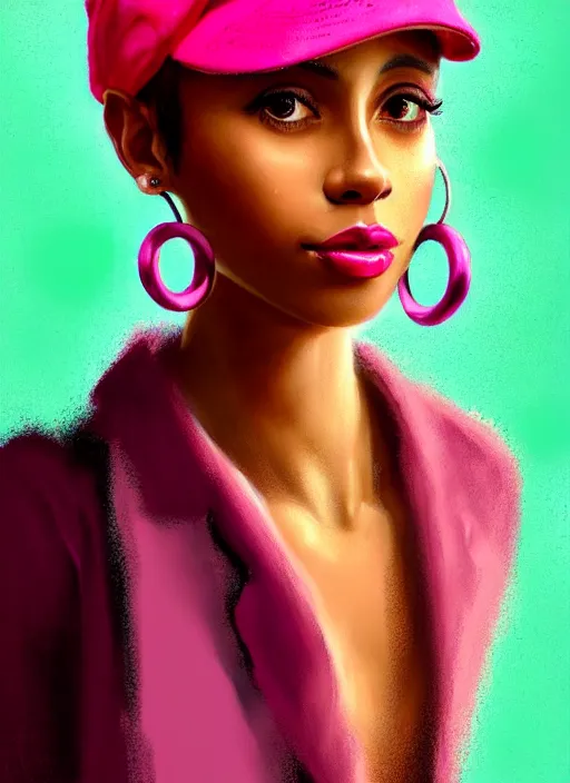 Image similar to portrait of young vanessa morgan with bright pink hair, black girl, vanessa morgan, curly pixie cut hair, wearing newsboy cap, newsboy cap, hoop earrings, intricate, elegant, glowing lights, highly detailed, digital painting, artstation, concept art, smooth, sharp focus, illustration, art by wlop, mars ravelo and greg rutkowski