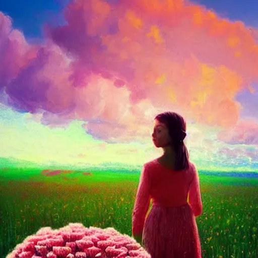 Image similar to head made of carnations flower, girl standing in a flower field, surreal photography, sunrise dramatic light, impressionist painting, colorful clouds, digital painting, artstation, simon stalenhag, flower face