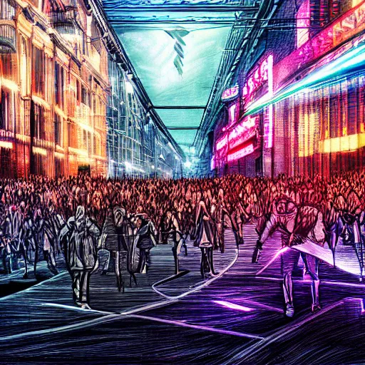 Image similar to landscape of people running away scared from crypto logos standing in the city, digital drawing, beautiful lightning, sharp colors, hyper - detailed, hdr, 8 k