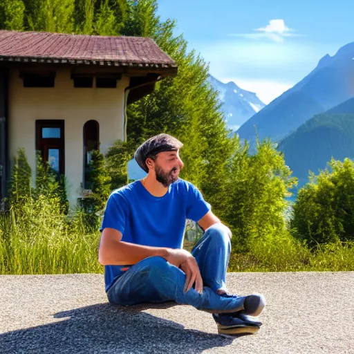 Image similar to digital painting of a software developer sitting outside in front of a modern campus building with beautiful mountains in the background, summer, alps, 4k, unreal, digital health