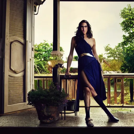 Prompt: gal gadot posing on a porch at a house, zeiss lens, detailed, symmetrical, centered, fashion photoshoot, by annie leibovitz and steve mccurry, david lazar, jimmy nelsson, breathtaking, 8 k resolution, extremely detailed, beautiful, establishing shot, artistic, hyperrealistic, beautiful face, octane render