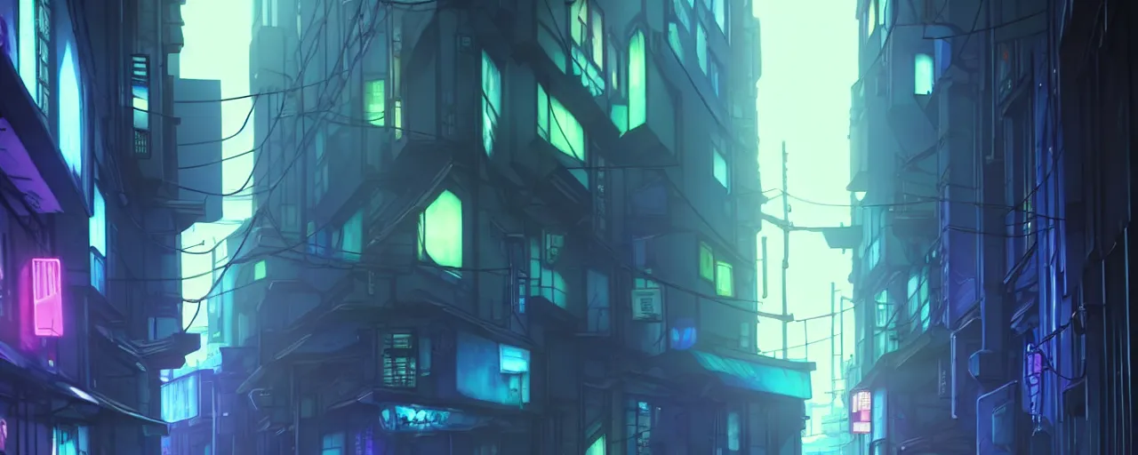 Image similar to a close up of a city alleyway in the atmospheric cyberpunk anime film, gouache matte background painting, neon noir, at night with lights, by makoto shinkai, in the anime series ergo proxy, beautiful specular edge highlights and rim lighting