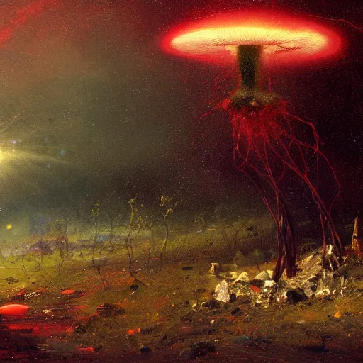 Image similar to a lovely picture of a mycelium alien by john berkey, by george inness, by john harris, purple and red and white gradient colour theme, trending on deviantart, rendered in blender, 8 k resolution