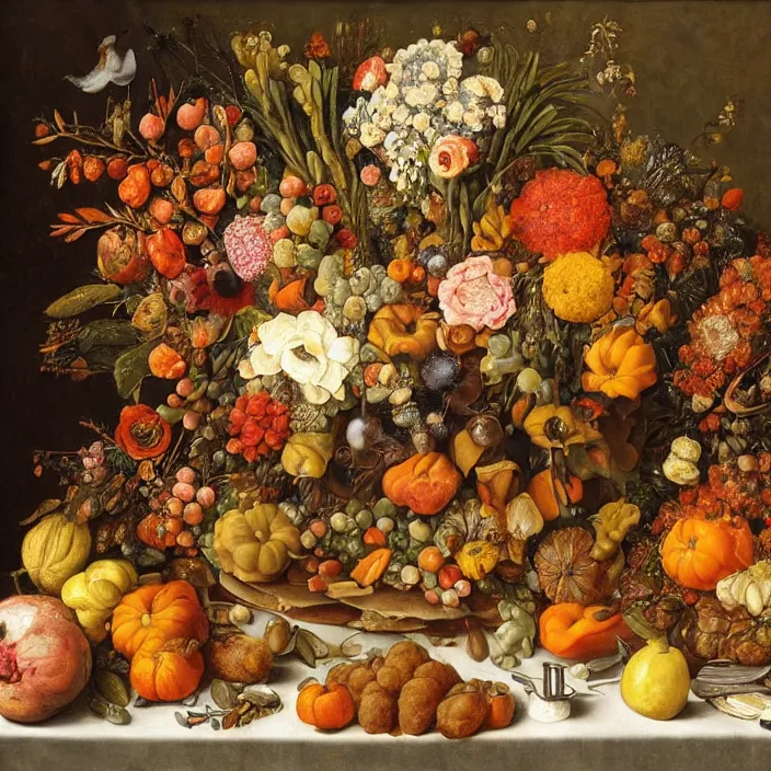 Image similar to thanksgiving supper, flowers and fruit on a wooden table, a still life by giuseppe arcimboldo, vanitas, pinterest, maximalist, intricate high detail masterpiece