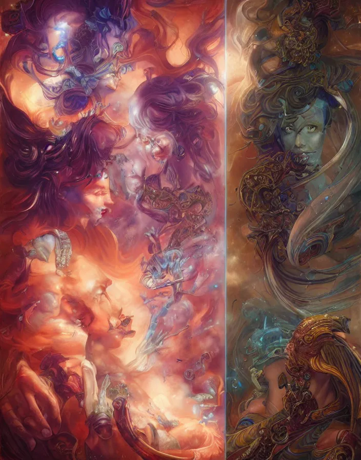 Image similar to beautiful gemini good and evil fantasy female character portrait, highly saturated colors, ultra realistic, wide angle, intricate details, the fifth element artifacts, holographic undertones, highly detailed by peter mohrbacher, hajime sorayama, wayne barlowe, boris vallejo, aaron horkey, gaston bussiere, craig mullins