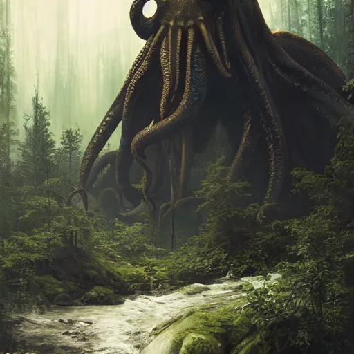 Prompt: cthulhu towering over the forest, 8 k octane beautifully detailed render, post - processing, extremely hyper - detailed, intricate, epic composition, cinematic lighting, masterpiece, trending on artstation, masterpiece, stunning art by anders zorn, wonderful masterpiece by greg rutkowski, beautiful cinematic