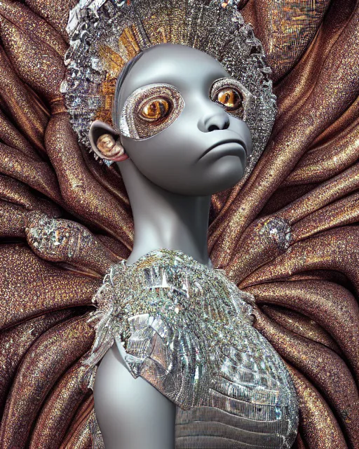 Image similar to a highly detailed metahuman 8 k close up render of a chimp renaissance in iris van herpen dress schiaparelli in diamonds crystals swarovski and jewelry iridescent in style of alphonse mucha gustav klimt trending on artstation made in unreal engine 4