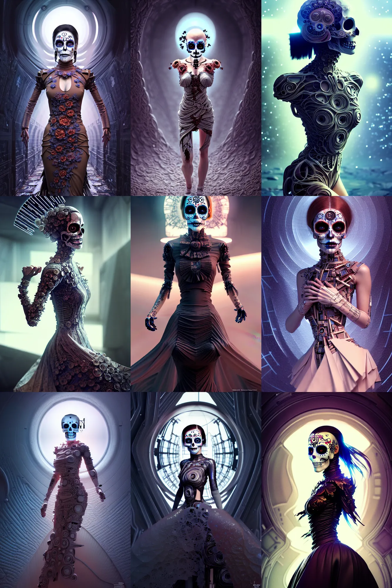 Prompt: crying! android! woman, fractal dress, octane render, emotional, fantasy, manga, concept art, pose, photorealistic, cover shot, intricate detailed environment. vogue, ( ( ( ( el dia los muertos ) ) ) ), 8 k, hd. by terry o'neill and artgerm and wlop and loish and rutkowski and mucha