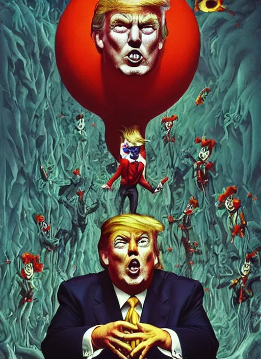 Prompt: donald trump is a disgusting clown, grotesque, horror, high details, intricate details, by vincent di fate, artgerm julie bell beeple, 1 9 8 0 s, inking, vintage 8 0 s print, screen print