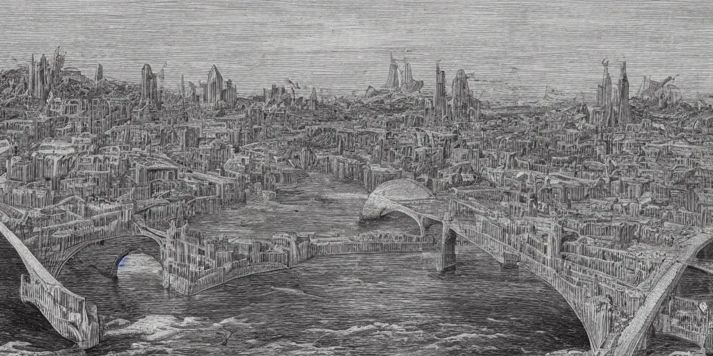 Prompt: illustration, a single giant ancient linear stone city on a single bridge, giant bridge city build over the ocean in a straight line, huge support buttresses, hight in the air, lots of buildings, markets, busy, small ships with sails go underneath, fades to the horizon