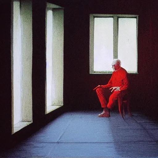 Image similar to older man sitting on a chair in dark basement with red walls and one window, painting by Beksiński,