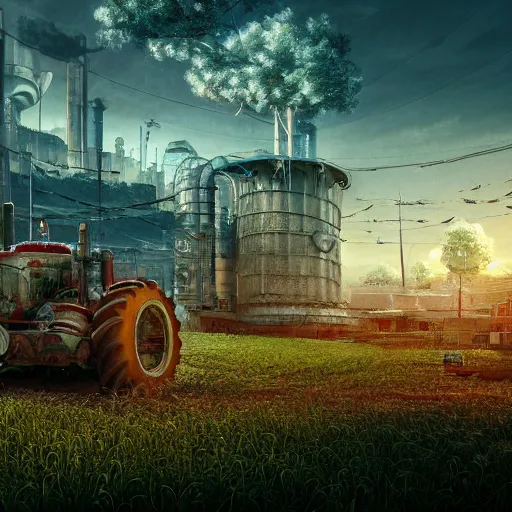 Image similar to fully detailed landscape of a cyberpunk farm , watertank, futuristic tractors, farmhouse, mushroom, overgrowth, Ai , in the future, high quality, 8k , octane render, trending on artstation , greg rutowski