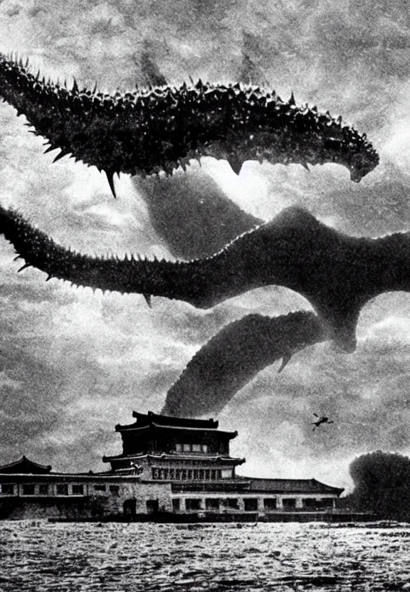 Image similar to a filmstill of a north korean monster movie, kaiju - eiga monster starfish - like trampling a traditional korean palace, foggy, film noir, epic battle, etheral, explosions, communist propaganda, communist epic thriller, by akira kurosawa and wes anderson video compression