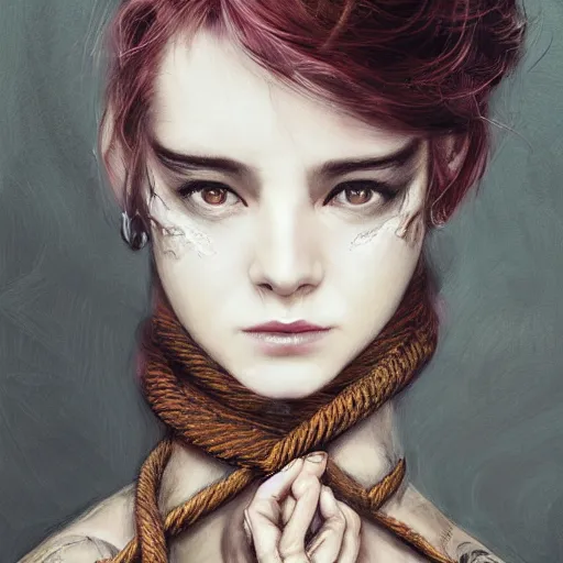 Image similar to portrait of a Shibari rope wrapped face and neck, headshot, insanely nice professional hair style, dramatic hair color, digital painting, of a old 18th century, traveler, amber jewels, baroque, ornate clothing, scifi, realistic, hyperdetailed, chiaroscuro, concept art, art by Franz Hals and Jon Foster and Ayami Kojima and Amano and Karol Bak,