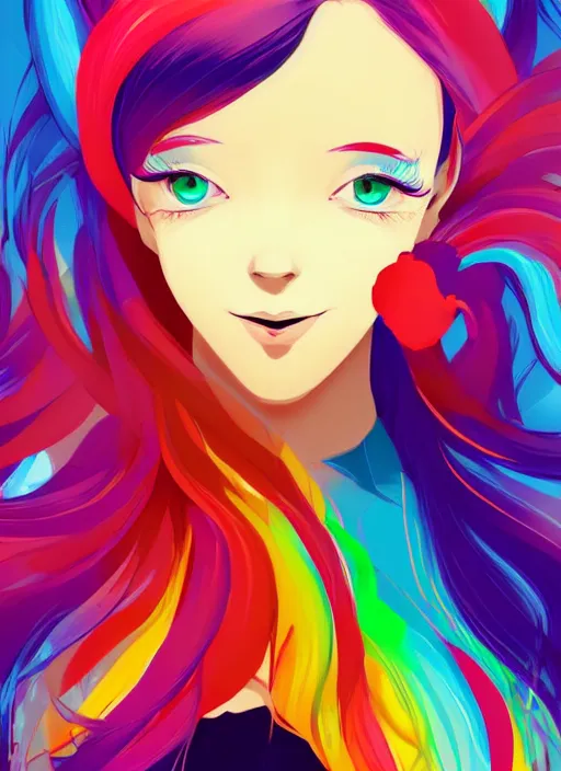 Image similar to a beautiful young woman with rainbow hair wearing a party dress. clean cel shaded vector art. shutterstock. behance hd by lois van baarle, artgerm, helen huang, by makoto shinkai and ilya kuvshinov, rossdraws, illustration, art by ilya kuvshinov