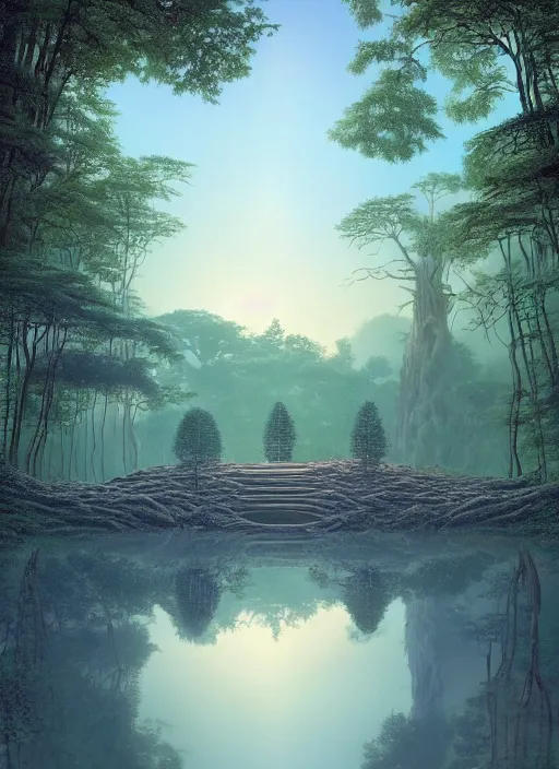 Prompt: breathtakingly beautiful ultrawide angle colour masterpiece dream by roger dean and greg hildebrandt and kilian eng and jean giraud and giger and beeple and studio ghibli, forest clearing, lake, reflection, symmetry, secret overgrown temple, mysterious person looking over shoulder, incredible sense of depth and perspective and clarity, arch, weird abstract, 8 k