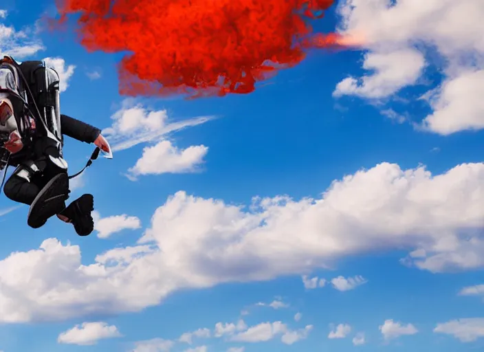 Prompt: man with a jetpack flying over red lobster restaurant with blue sky and clouds