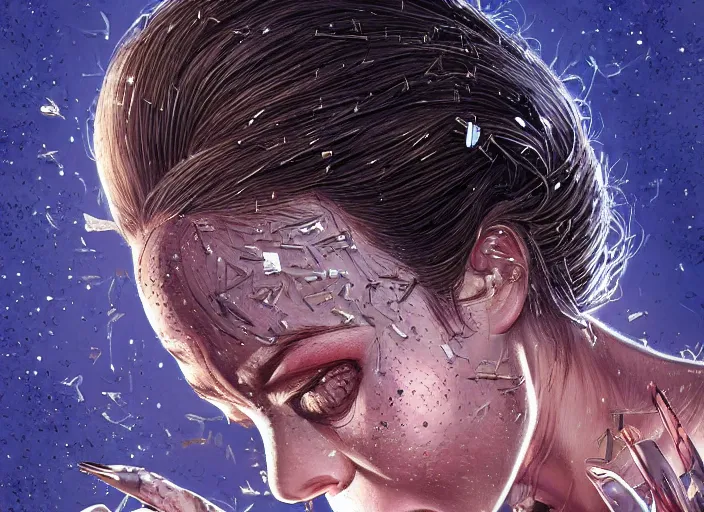 Image similar to a stupid head with highly detailed realistic nails sticking out of it, hammered nails, pain, light effect, hyper detailed, intricate, elegant, highly detailed, digital painting, artstation, concept art, matte, sharp focus, illustration, by dan mumford, yusuke murata, makoto shinkai, ross tran