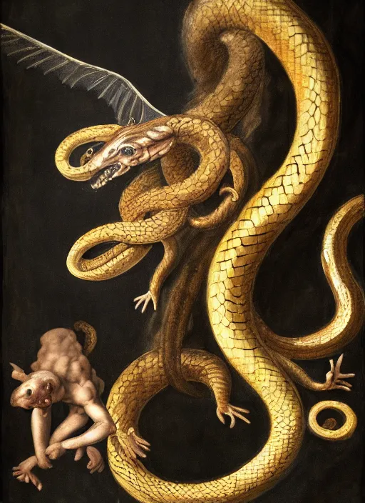 Image similar to detailed realistic renaissance painting of a chimera with bat wings and the body of a snake coiling around a column on a black background, hig quality, no blur, 4 k