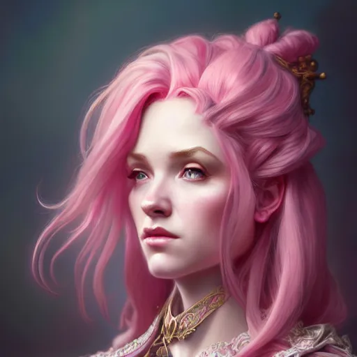 Image similar to aristocrat sad, female, d & d, fantasy, intricate, elegant, highly detailed, pink hair, digital painting, artstation, octane render, concept art, matte, sharp focus, illustration, hearthstone, art by artgerm, alphonse mucha johannes voss