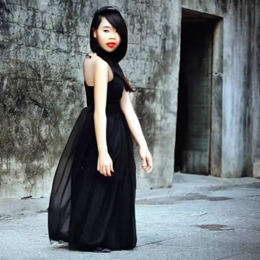 Image similar to cute vietnamese girl in semitransparent club dress, dark techno trip