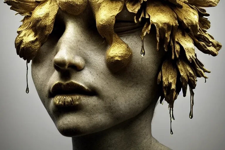 Prompt: a sculpture of a person with flowing golden tears, fractal flowers on the skin, a marble sculpture by nicola samori, behance, neo - expressionism, marble sculpture, apocalypse art, made of mist