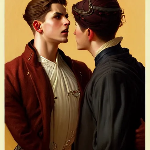 Image similar to attractive fully clothed king confesses his love for his attractive fully clothed male prince. highly detailed painting by j. c. leyendecker, craig mullins, tom bagshaw,