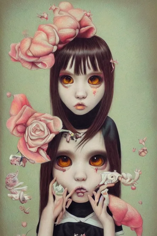 Prompt: pop surrealism, lowbrow art, realistic cute girl painting, japanese cute fashion, hyper realism, muted colors, trevor brown style