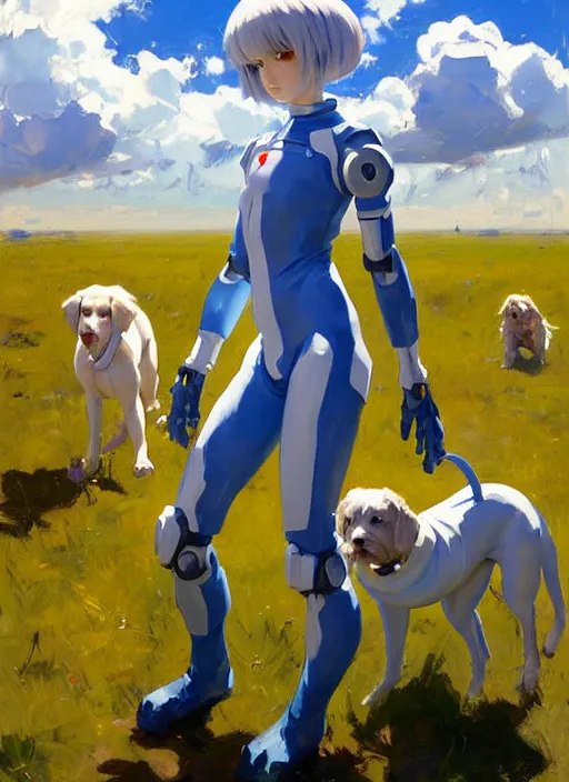 Prompt: Greg Manchess painting of Rei Ayanami in Plugsuit out with the dogs, EVA unit-00 in the back, countryside, fantasy character portrait, dynamic pose, above view, sunny day, thunder clouds in the sky, artwork by Jeremy Lipkin and Giuseppe Dangelico Pino and Michael Garmash and Rob Rey, very coherent asymmetrical artwork, sharp edges, perfect face, simple form, wacky, 100mm