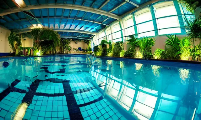 Prompt: indoor pool with ferns and palm trees, pool tubes, chromatic abberation, dramatic lighting, depth of field, Wideangle 80s fisheye photo