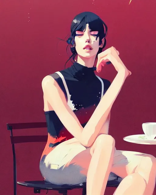Image similar to a ultradetailed beautiful panting of a stylish woman sitting in a cafe, by conrad roset, greg rutkowski and makoto shinkai, trending on artstation