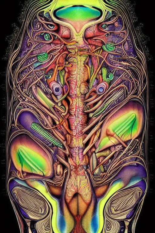 Image similar to psychedelic anatomically accurate diagram of alien animal, intricate parts, fine details, hyper realistic, by seichen, surreal