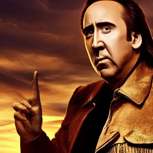 Image similar to Nicolas Cage with golden hair riding into the sunset, golden hour, heavenly lighting, dramatic