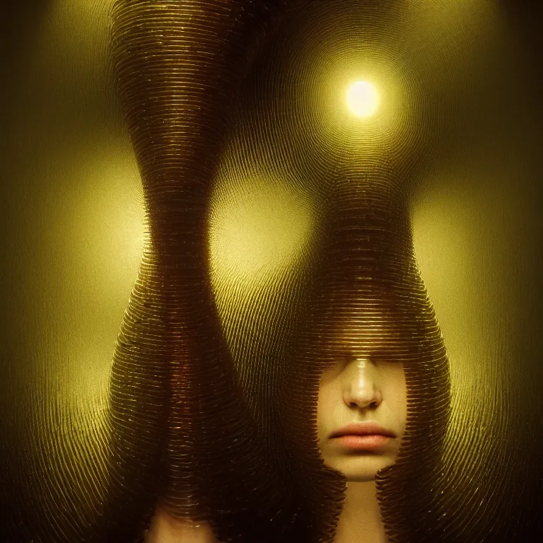 Image similar to symmetrical portrait painting of ribbed woman covered with metallic ribbed tubes by hieronymus bosch, lucid dream - like heavy atmosphere, baroque painting, perfect composition, detailed octane render trending on artstation, 8 k artistic photography, volumetric cinematic perfect light, chiaroscuro, masterpiece, raphael, caravaggio, beksinski, rutkowski, beeple