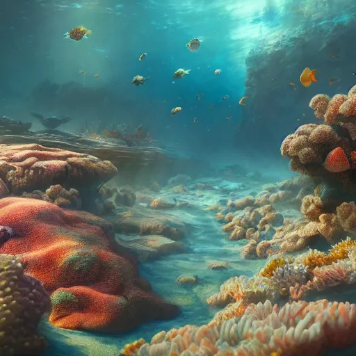 Image similar to beautiful coral reef photorealistic painting, wlop, concept art, octane render, deviantart, greg rutkowski, cinematic, artstation, key art, hyperrealism