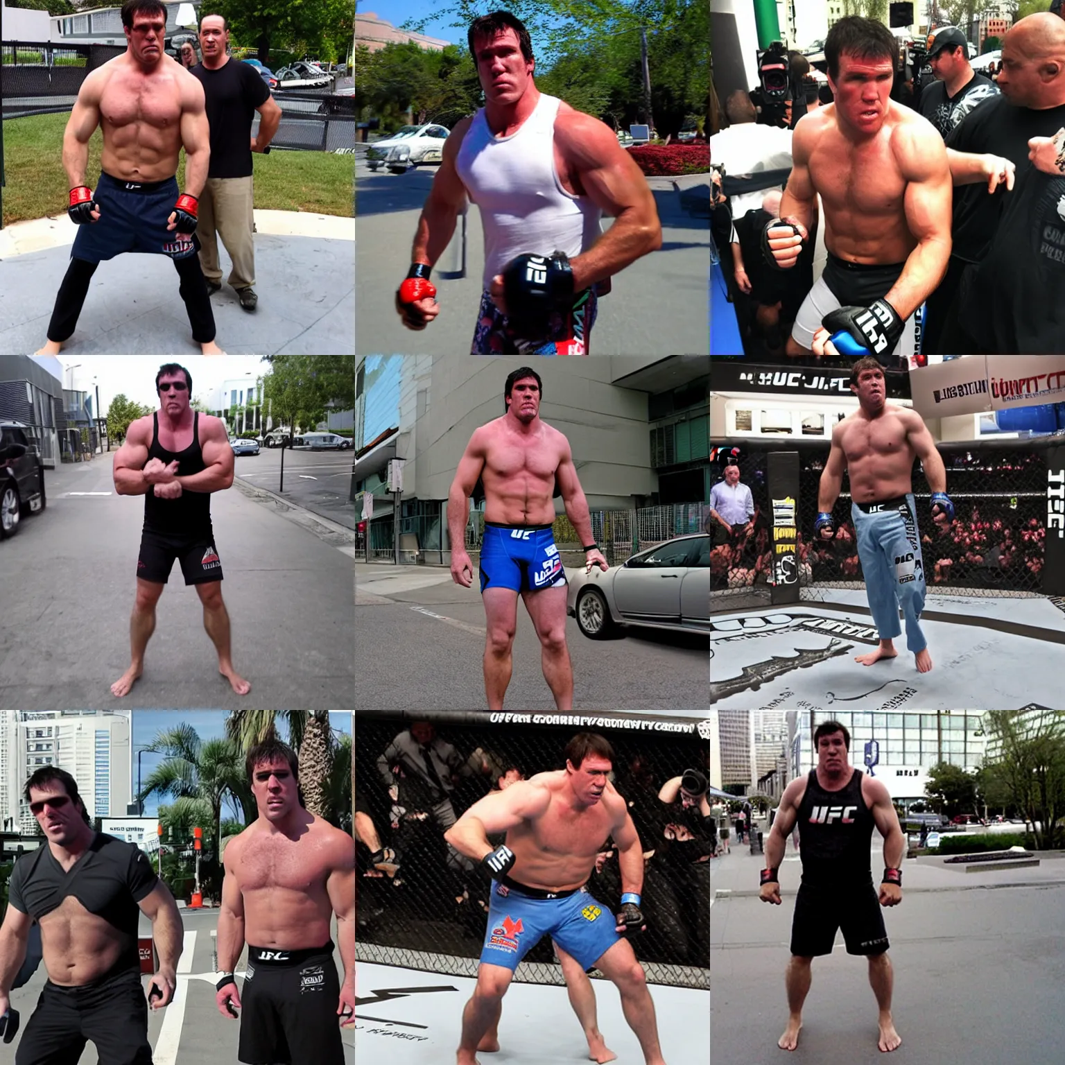 Prompt: ufc chael sonnen with gigantic arms, street view photo capture, outside photo