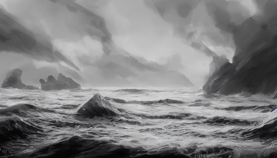 Image similar to sea, enviroment thumbnail black and white, cgsociety, oil painting by jama jurabaev, extremely detailed, brush hard, artstation, high quality, brush stroke