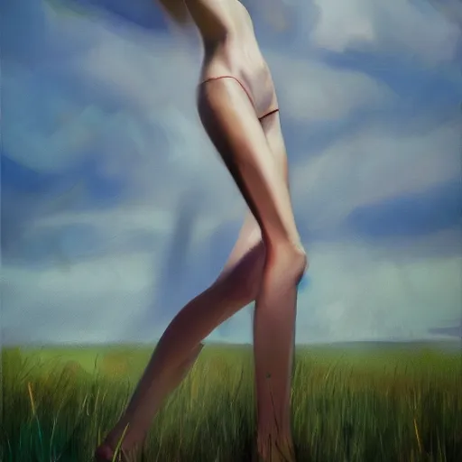 Image similar to a vogue model in a field, oil painting, pale colors, high detail, 8 k, wide angle, trending on artstation,