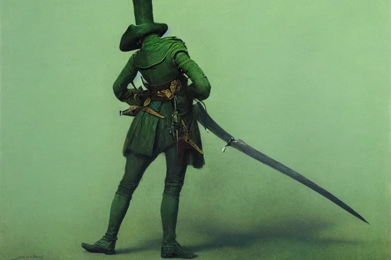 Image similar to 1 7 th century musketeer, dark fantasy, green, artstation, painted by zdzistaw beksinski and wayne barlowe
